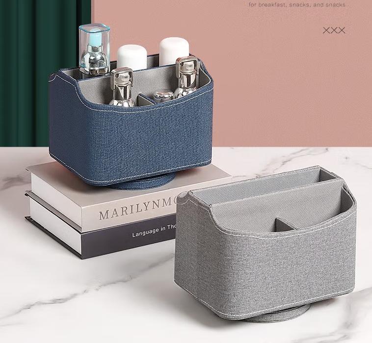 正想简约旋转遥控器收纳盒皮革家用客厅茶几桌面遥控器笔筒杂物整理盒 蓝色布纹 18*13*15cm